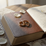 Two gold wedding rings resting on a leather-bound Bible with an embossed cross.
