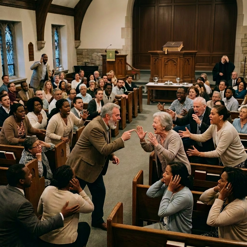 Two older adults angrily shouting at each other in church pews while others look shocked