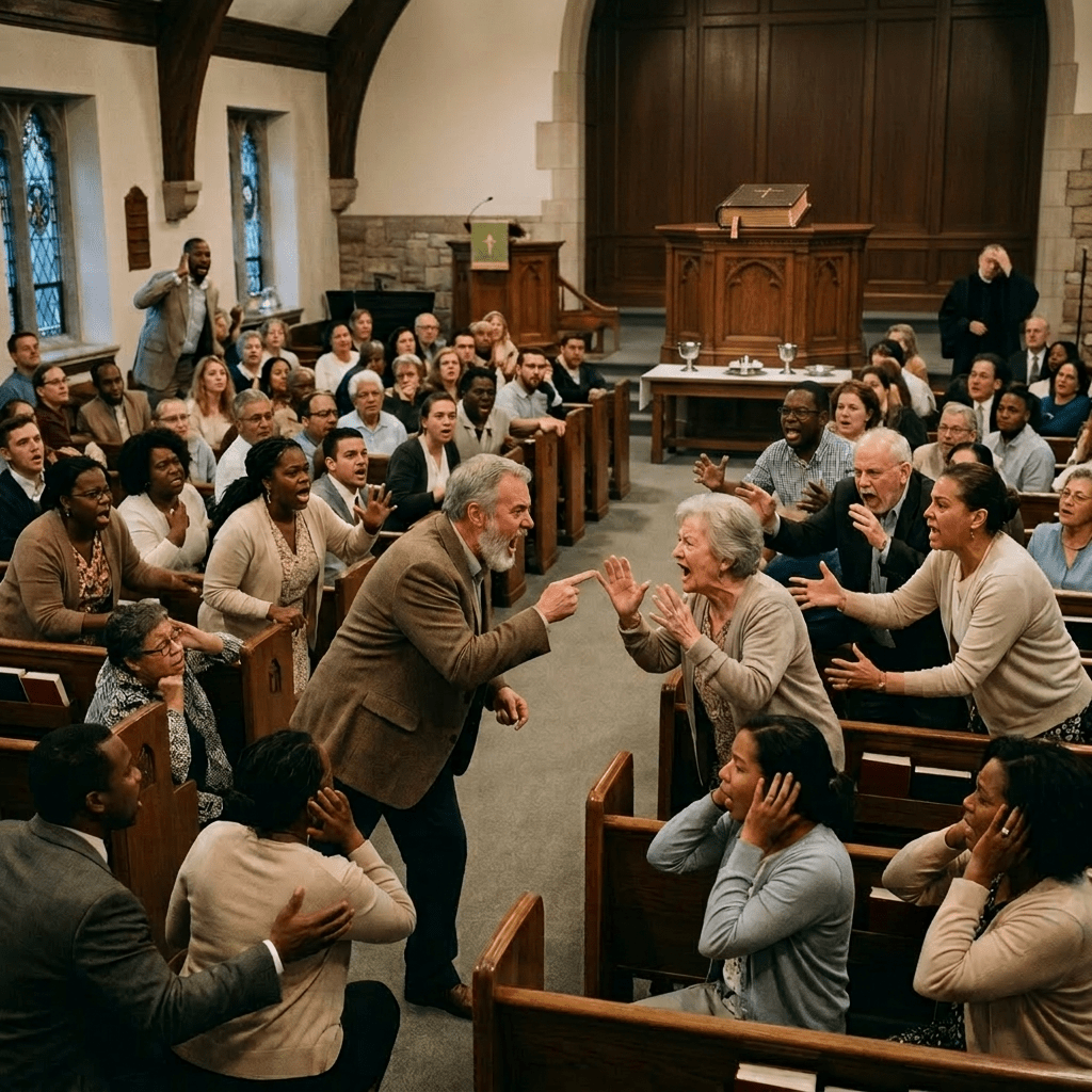 Two older adults angrily shouting at each other in church pews while others look shocked