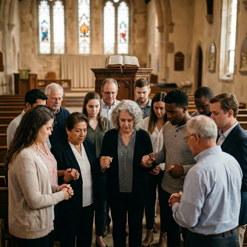 Group of people standing in church holding hands praying
