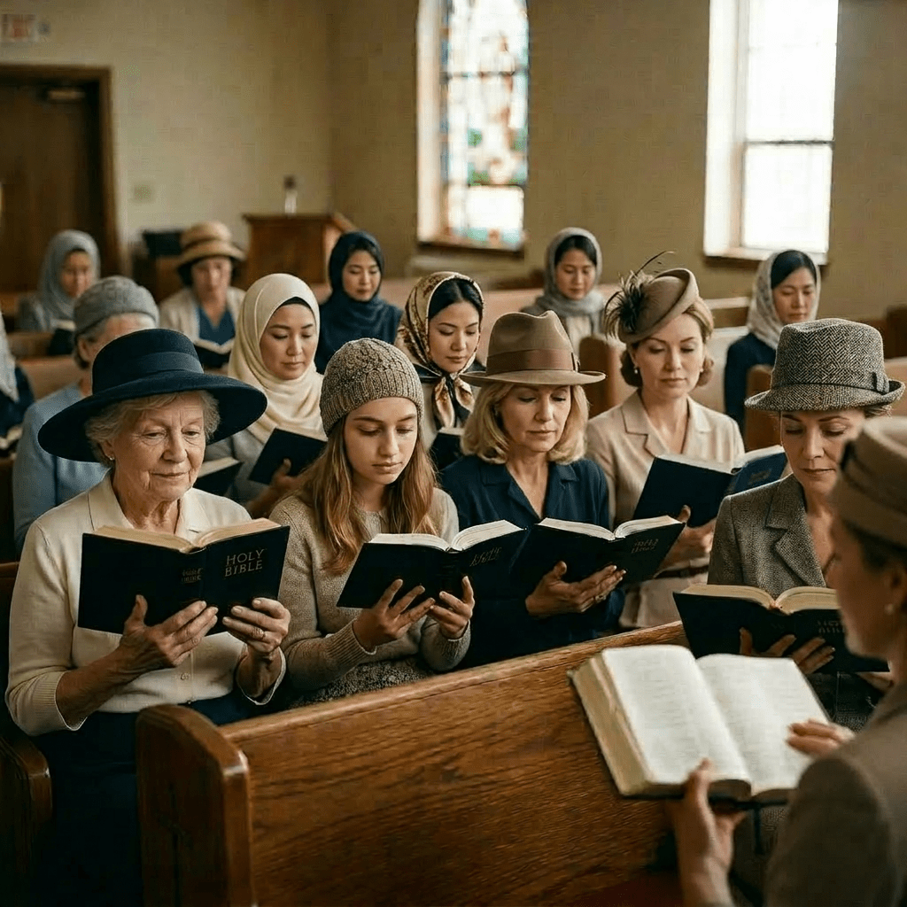 Women of various ethnicities wearing head coverings reading and singing from hymnals and Bibles in a church