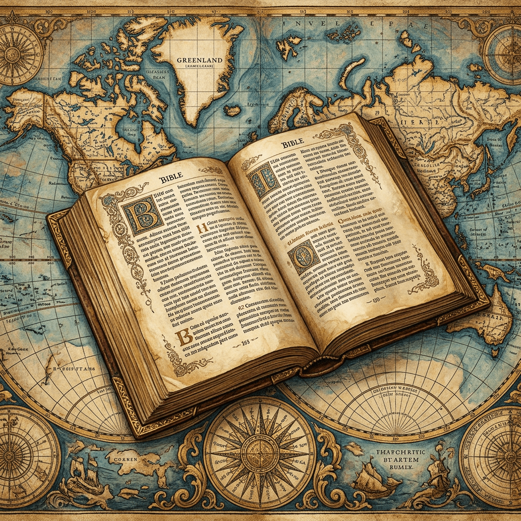 Open antique Bible with ornate text and illustrations on vintage world map background
