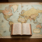 Open Bible on a vintage world map with Bible verses and symbols
