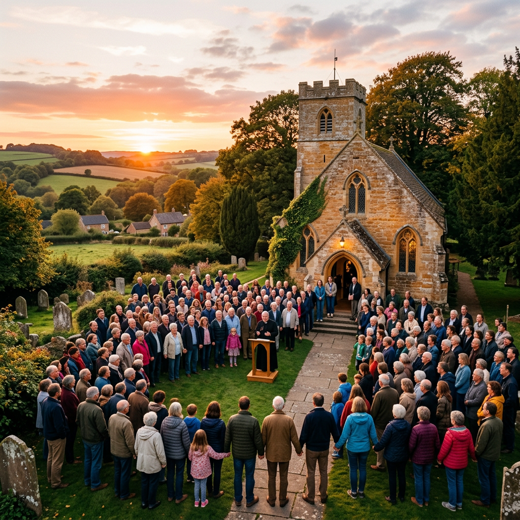 Large community group forming a circle outside a countryside church at sunset