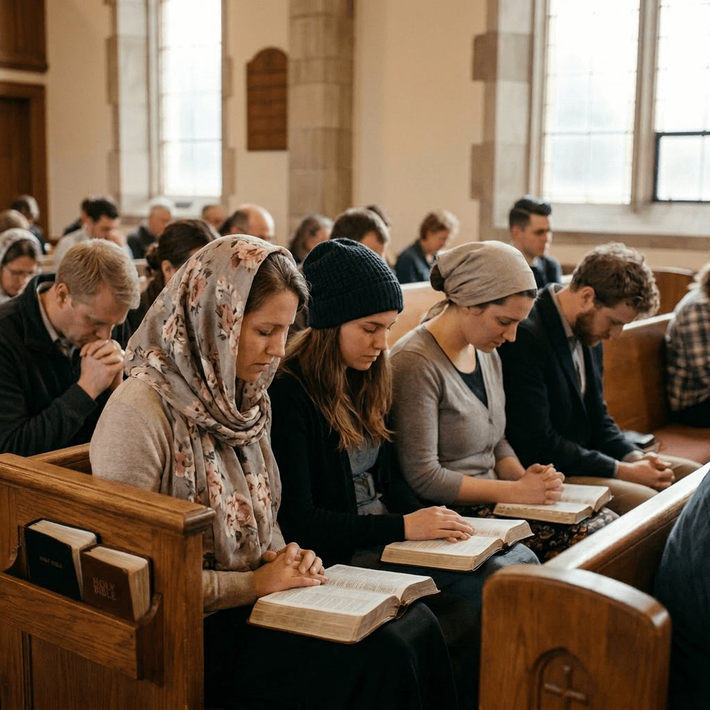 Several people sitting in wooden pews praying with open Bibles in a church
