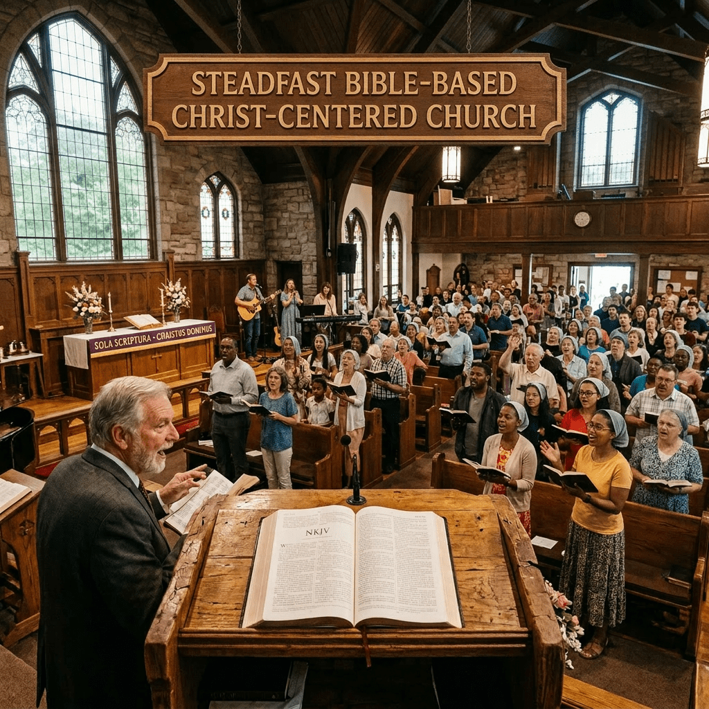 Pastor preaching to congregation in traditional church with open Bible and choir
