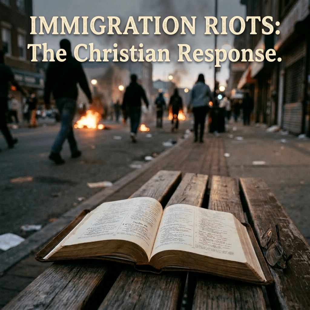 Open Bible on bench with street fires and people in background