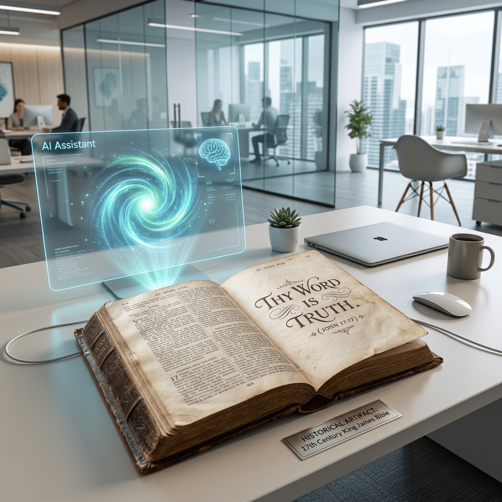 'Thy Word is Truth (John 17:17)' text on an open Bible page with a wooden table background