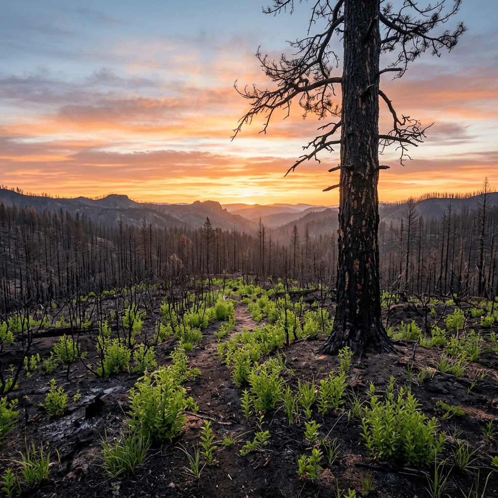 New green plants growing in a burnt forest with a charred tree trunk in foreground and sunset in background