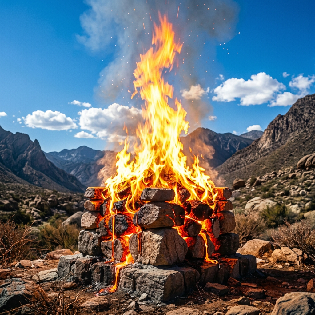 Blazing stone campfire in a rugged mountain landscape beneath stars
