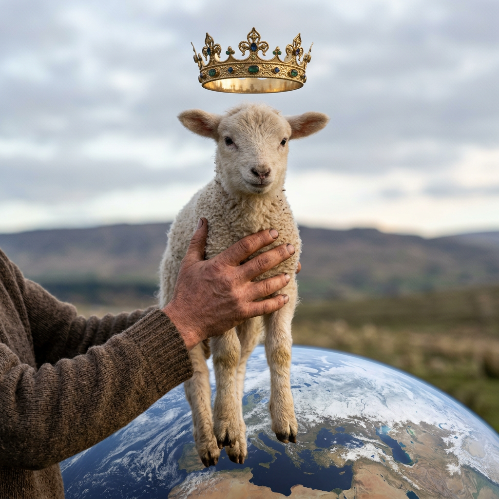 Lamb wearing a crown held above a globe with Earth visible