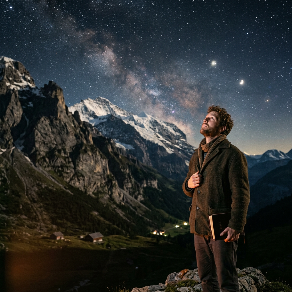 Man holding a book and gazing at the Milky Way above snowy mountains
