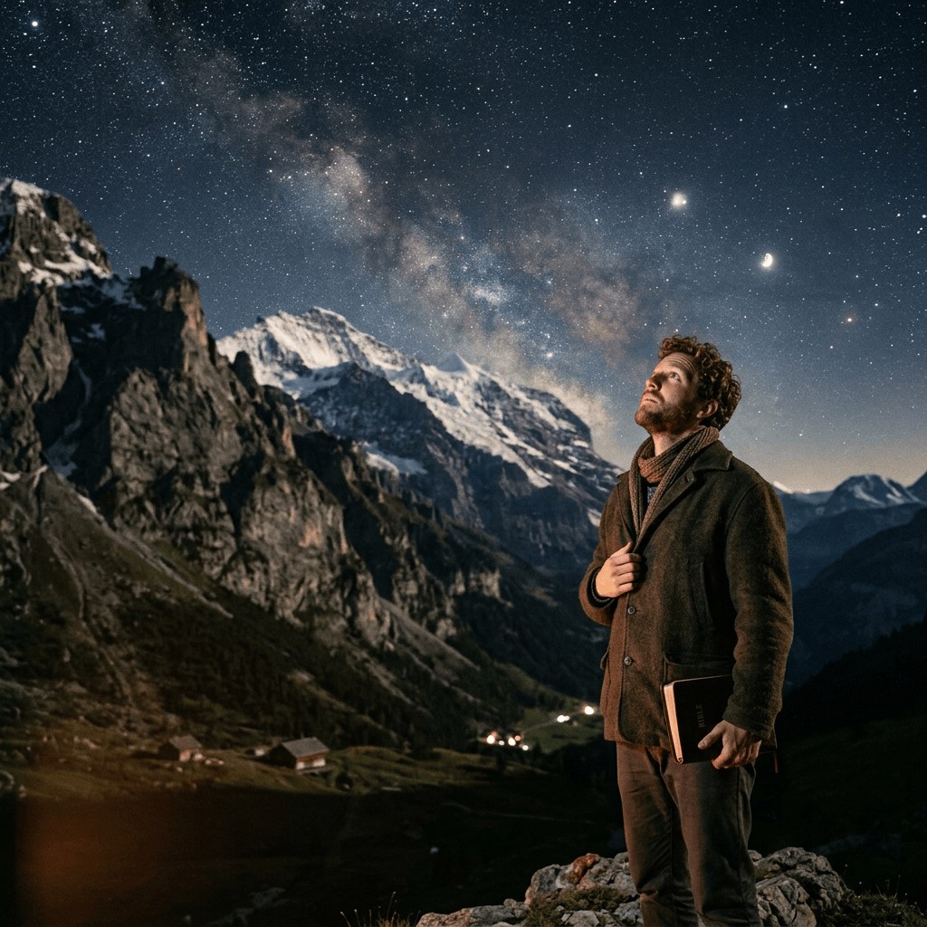 Man holding a book and gazing at the Milky Way above snowy mountains