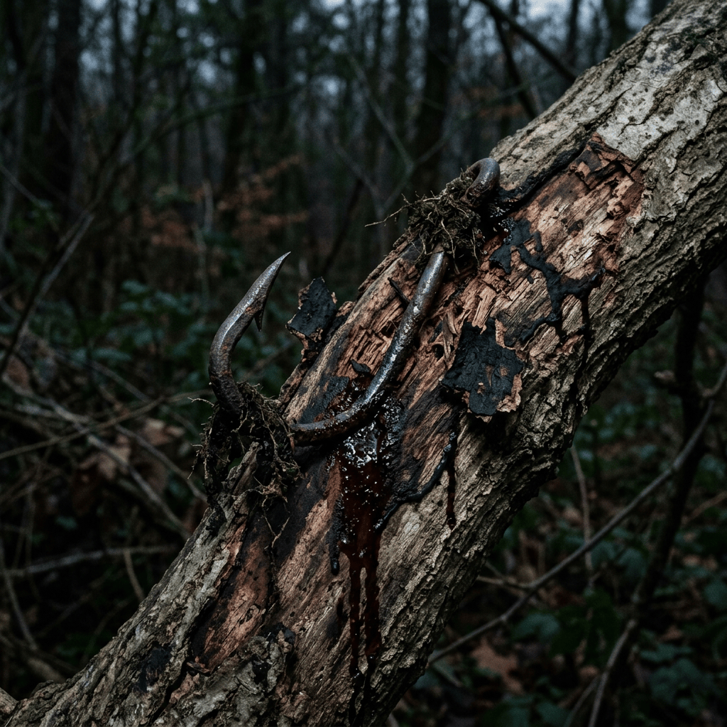 Antler lodged in a split tree trunk with dark liquid