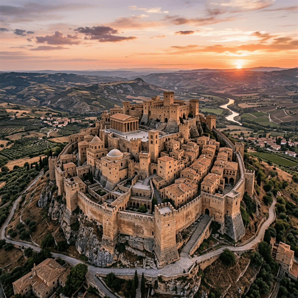 Stone fortress with towers overlooking a valley at sunset