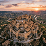 Stone fortress with towers overlooking a valley at sunset