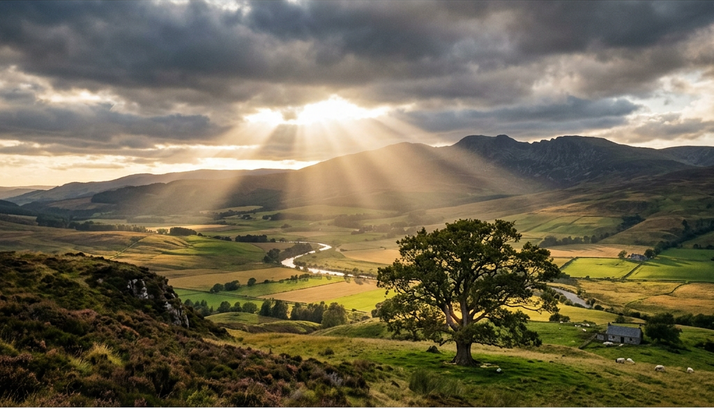 Sunlight streaming over a green valley with mountains and a lone tree