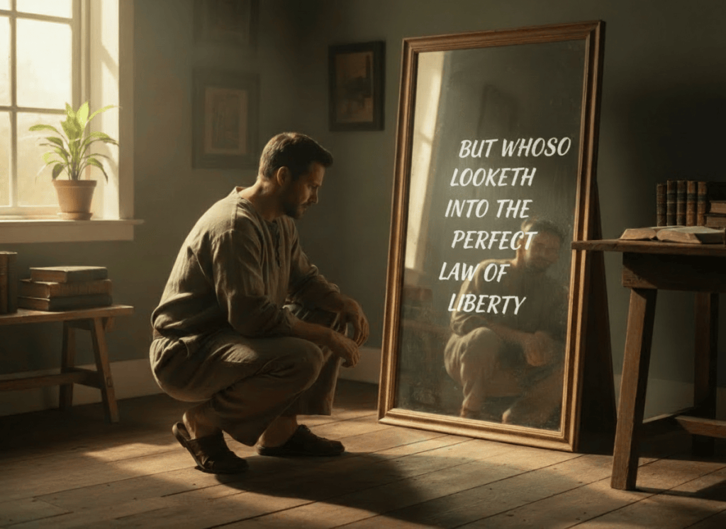 Edit the existing image while preserving the man crouching, looking into the mirror, the composition, lighting, and overall style. In the mirror, show exactly this text including the quotation marks: “But whoso looketh into the perfect law of liberty” Do not add any other words, punctuation, headings, or text.