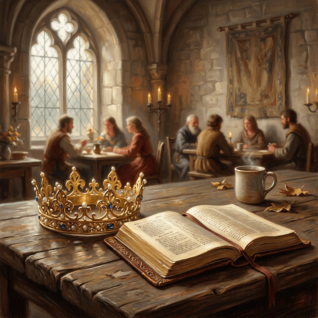 Ornate crown and open book on table inside a candlelit medieval hall