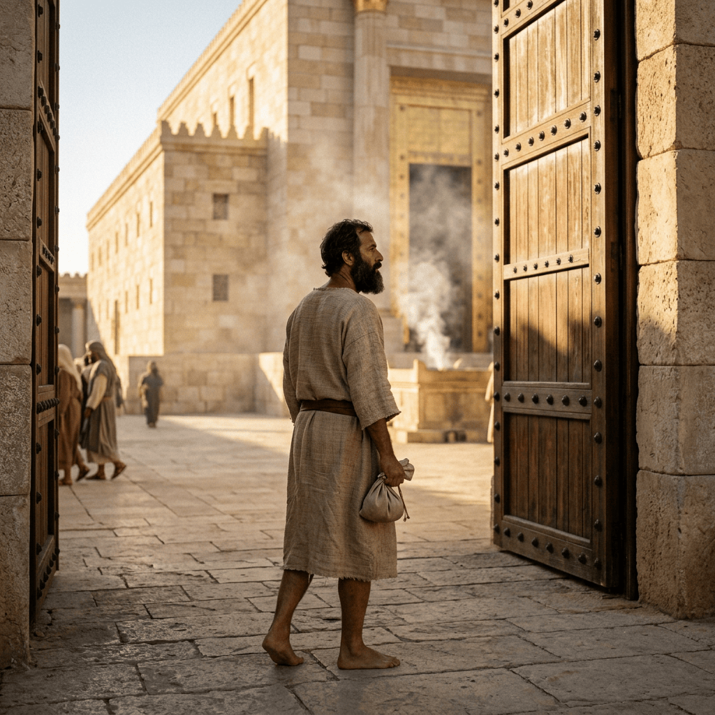 Bearded man in a robe entering an ancient stone courtyard