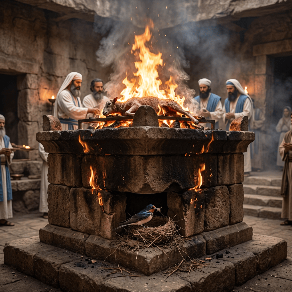 Stone altar burning with animal offering, robed figures, and bird nest