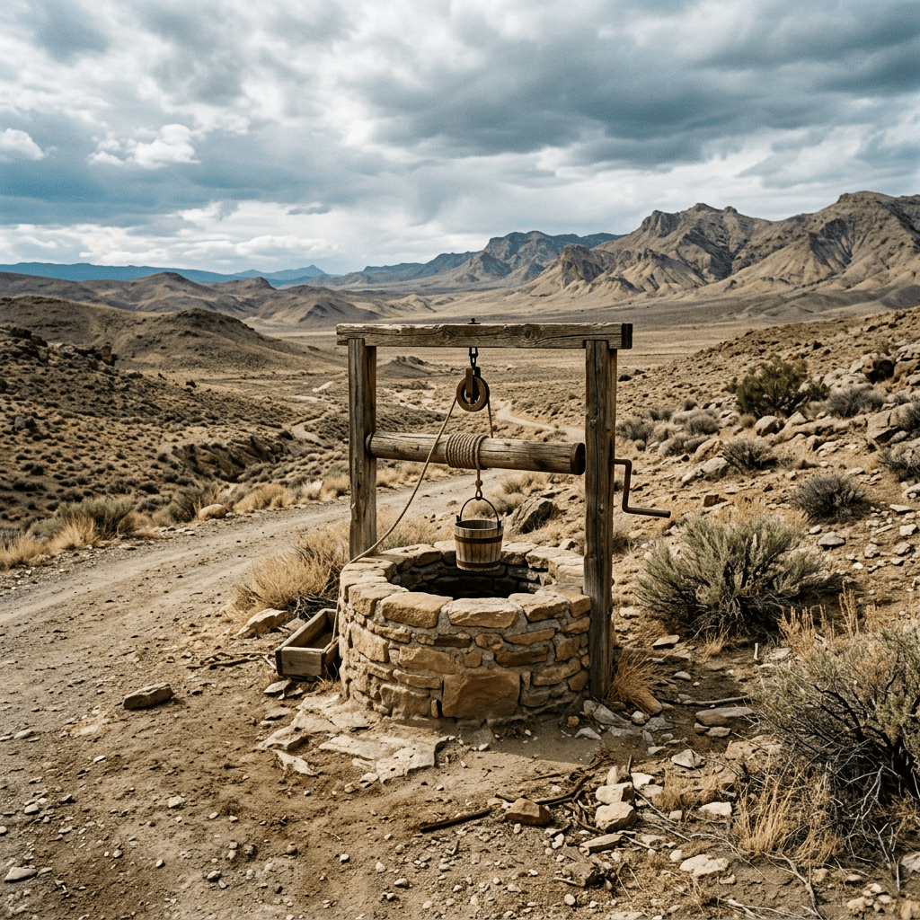Rustic stone well with wooden pulley in an arid mountain desert