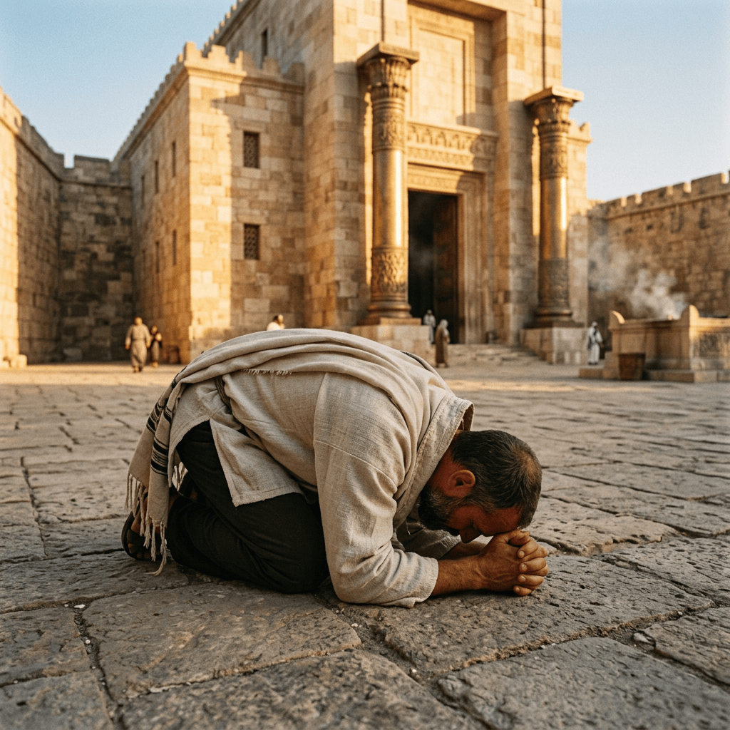 Worshipper kneeling in prayer before a historic stone sanctuary