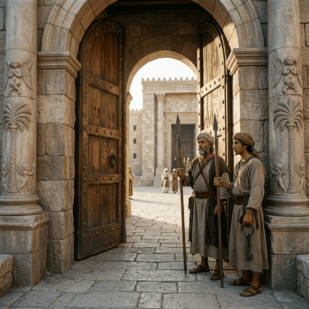 Two robed guards holding spears stand at an ancient city gate