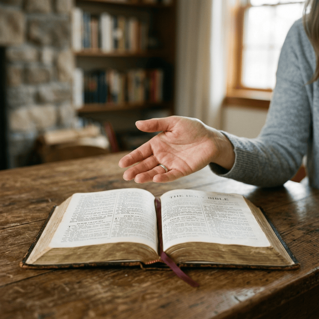Open Bible on wooden table beside an outstretched hand