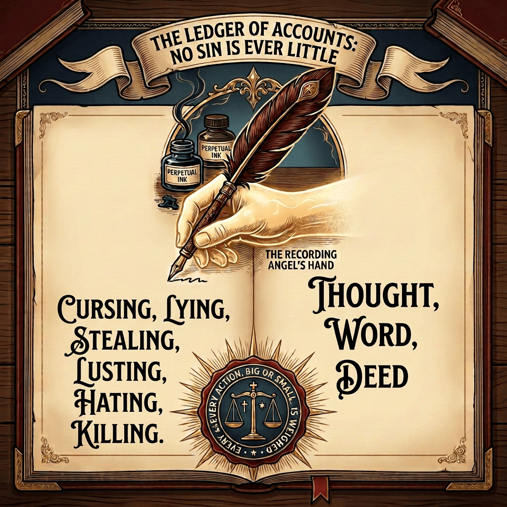 Ledger infographic titled “The Ledger of Accounts: No Sin Is Ever Little,” showing individual acts, recorded consequences, cumulative weight, and effects on the soul.