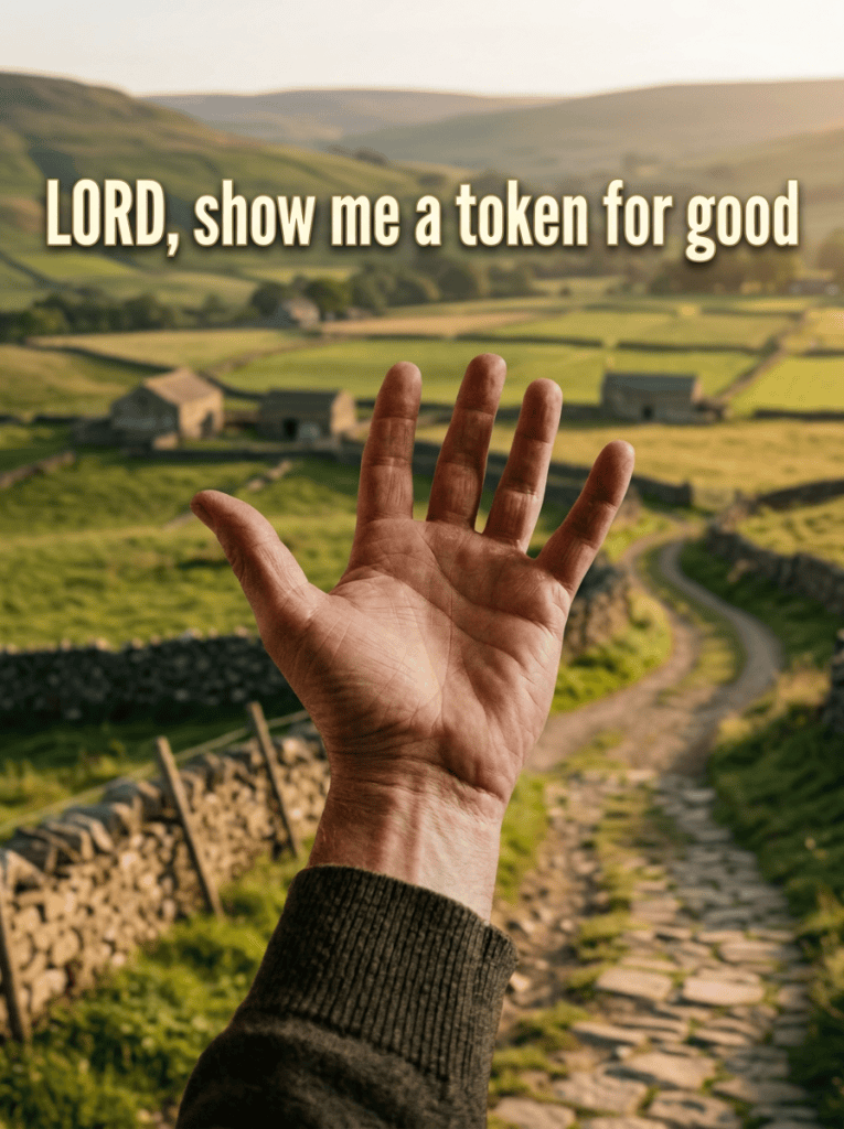 Raised hand in cathedral with text: LORD, show me a token for good